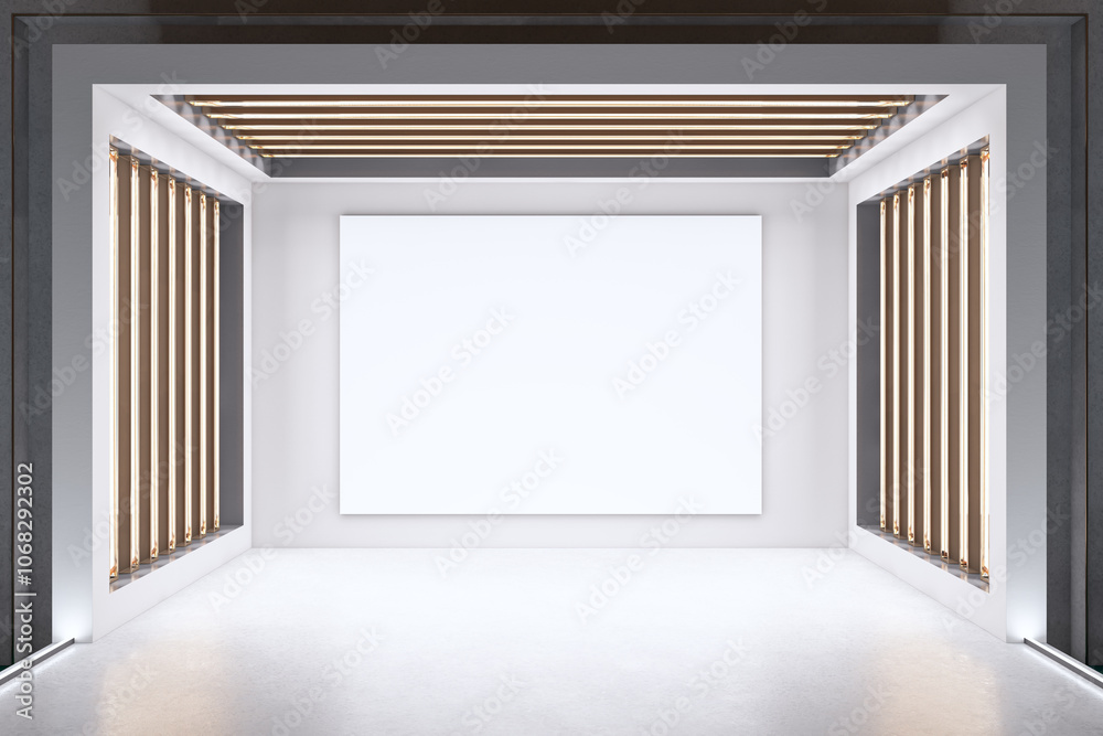 Poster Creative white theater stage design with empty mock up banner. Performance and act concept. 3D Rendering.