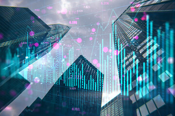 Glowing blue forex chart on blurry city background. Financial growth, trade and stock concept. Toned image. Double exposure.