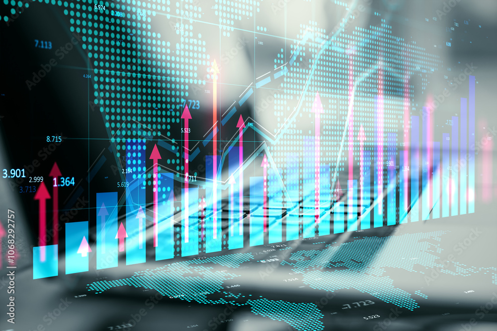 Poster close up of laptop on office desk with growing forex chart hologram with map on blurry background. t