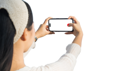 Female holding smartphone to take photo isolated on transparent background, png file