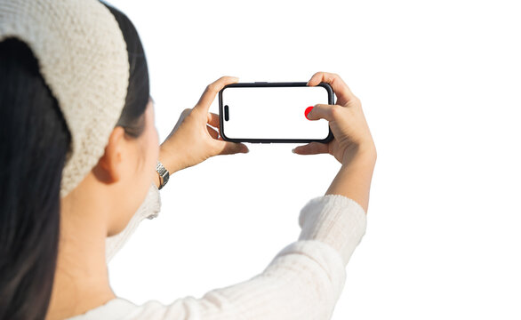 Female holding smartphone to take photo isolated on transparent background, png file