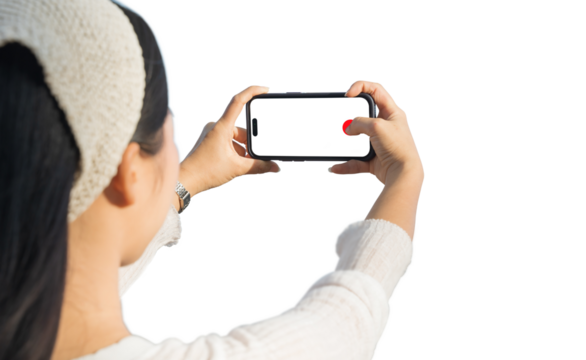 Female holding smartphone to take photo isolated on transparent background, png file - Powered by Adobe
