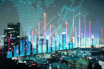 Abstract growing forex chart hologram with map on blurry toned city texture. Stock market, financial growth and trade concept. Double exposure.