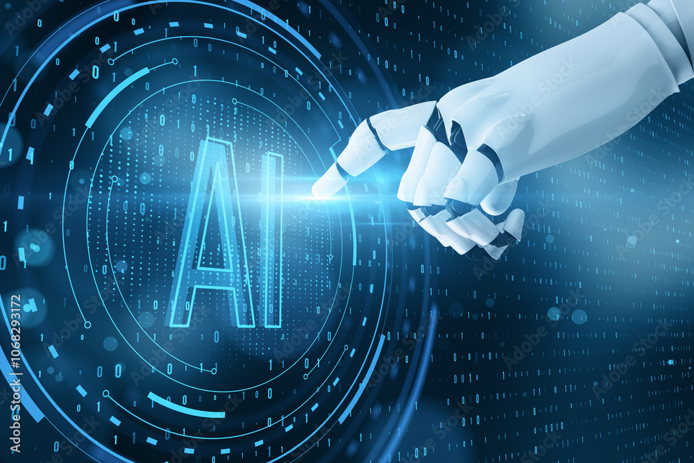 Poster Creative robot hand pointing at abstract ai hologram on blurry blue background. Robotics, artificial intelligence and machine learning concept.
