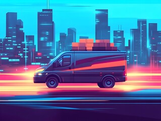 Stylized Delivery Van Dashing Through Minimalist City Skyline at Night