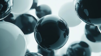 Glossy spheres floating, close-up view, dark and light tones, soft light reflections, abstract minimalist background