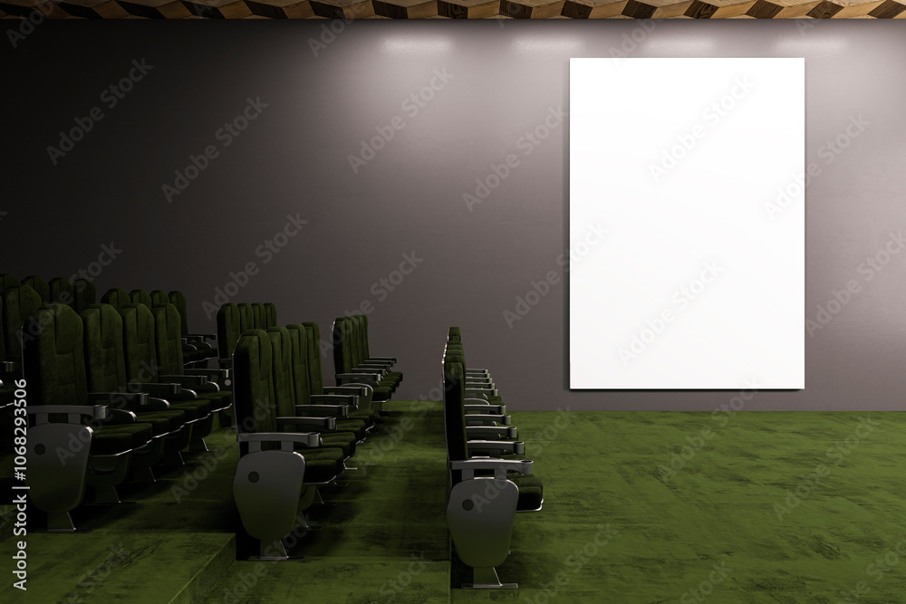 Poster modern green carpet cinema hall with empty white mock up banner on wall. 3d rendering.