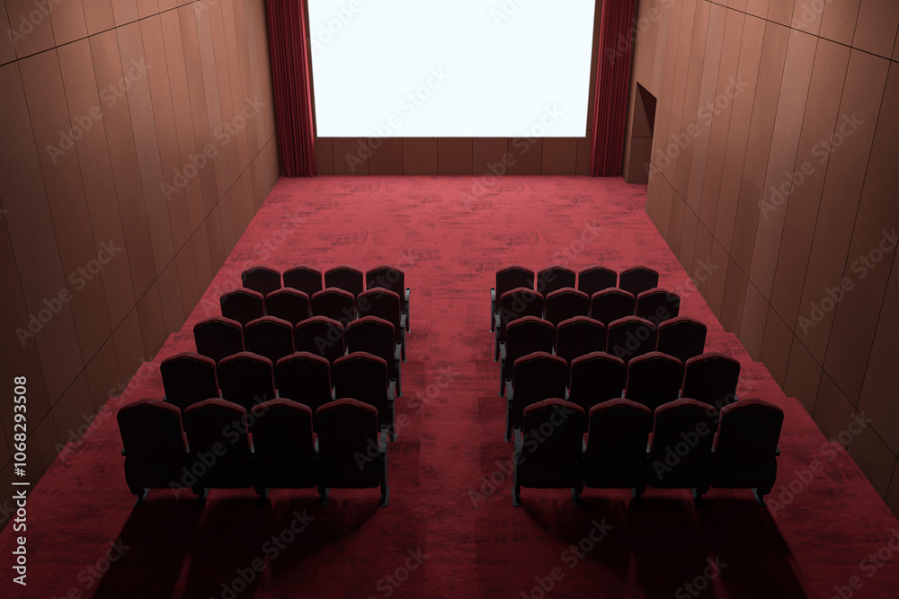 Poster modern red carpet wooden cinema hall with empty white mock up place on screen. 3d rendering.