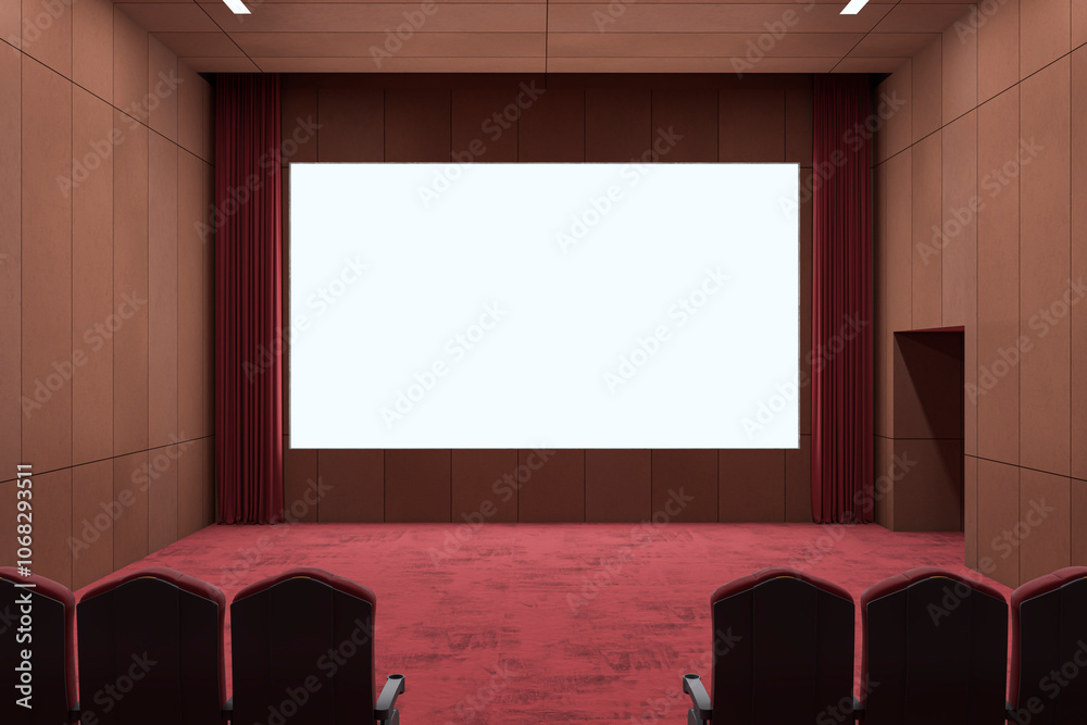 Poster modern red carpet wooden cinema hall with empty white mock up place on screen. 3d rendering.