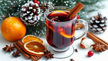 red Christmas drink mulled wine in a cup with a stick of cinnamon and a slice of orange, on a New Year's background