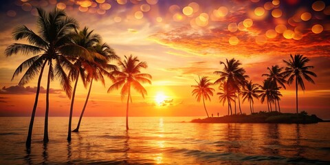 Captivating Orange Sunset Over the Ocean Framed by Lush Palm Trees, Creating a Tropical Paradise Atmosphere with Stunning Bokeh Effect for Tranquil and Serene Backgrounds