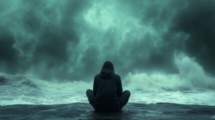 Dejected person facing an unstoppable extreme weather event symbolizing the disastrous impact of decades of climate inaction, global warming denial, and society’s blind allegiance to consumerism