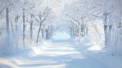Tranquil Winter Wonderland: Snow-Covered Trees with Intricate Ice Crystals Creating a Serene Landscape