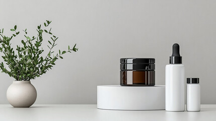 Conjunto de envases de cosmética en tonos oscuros y ámbar, con diseño minimalista y sofisticado sobre fondo negro, en disposición ordenada.

