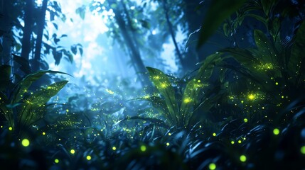 Enchanted Forest at Dusk: Dreamlike Ambiance with Fireflies Illuminating Rich Plant Diversity and Nature's Intricate Details