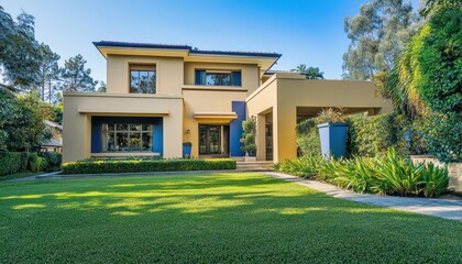 Fototapeta premium Stylish Sydney residence with beige walls, blue accents, and a verdant lawn.