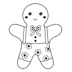 Black and white groovy Christmas gingerbread clipart. Cute festive character. Hand drawn vector illustration in flat style