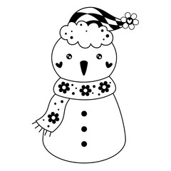 Black and white retro groovy Christmas snowman clipart. Cute Christmas character. Hand draw vector illustration in flat style