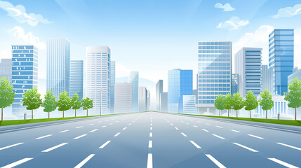 A wide, empty road stretches towards a modern cityscape under a clear blue sky.