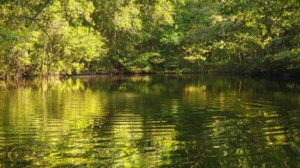 Fototapeta premium Serene Forest Lake Reflections - Tranquil Nature Landscape with Vibrant Foliage and Water Ripples