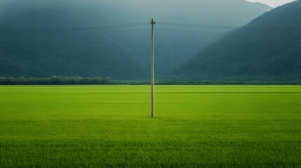 Obraz premium Vast Green Rice Field with Telephone Pole Against a Clear Sky – Rural Landscape, Agricultural Scene, and Natural Beauty