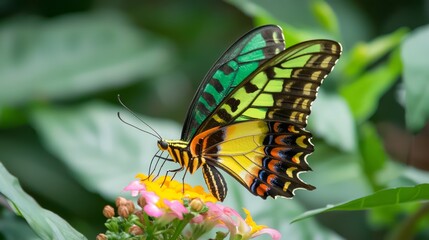 Macro Shot of Colorful Butterfly on Vibrant Flower in Lush Forest - Ultra-Detailed Nature Background