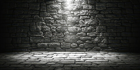 A dark room with a brick wall and a light shining on it