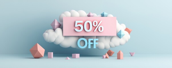 Discount sale sign and promotion concept. A colorful promotional graphic featuring a cloud with "50% OFF" text ideal for sales and discounts
