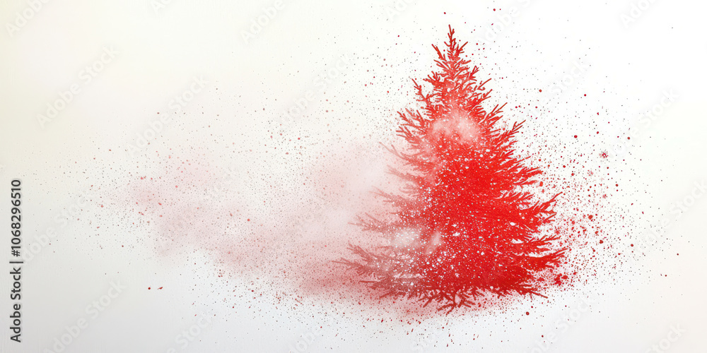 Poster A red tree with snow on it is the main focus of the image