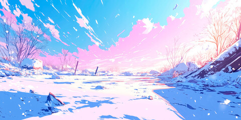 Japanese or fantasy eastern landscape. Anime winter Christmas time art. Beautiful view. A snow field or a frozen river background. Digital painting. Poster, invitation, banner. Generative Ai content