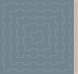 Vector illustration of template set of five sizes of square foam puzzle pieces on blue background.