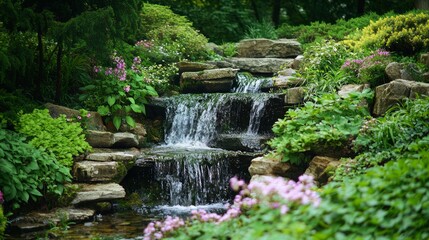 Majestic Forest Glen Waterfall: A Breathtaking Display of Nature's Power and Beauty amidst Lush Greenery and Vibrant Flowers