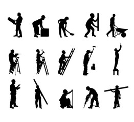 construction worker at work in different poses with tools silhouettes
