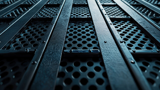 A close-up view of a textured metallic surface with parallel bars and circular holes, showcasing industrial design and materials.