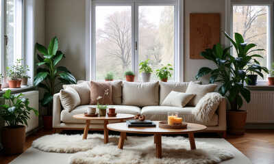 A modern living room featuring a comfortable couch, potted plants, and soft lighting, creating an inviting atmosphere during fall - Generative AI