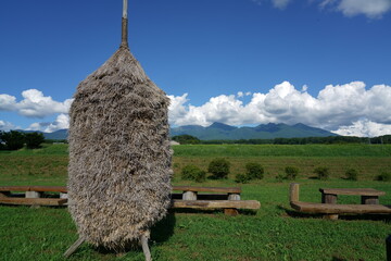 稲わらを保存する伝統的な「わらにょう」がある風景