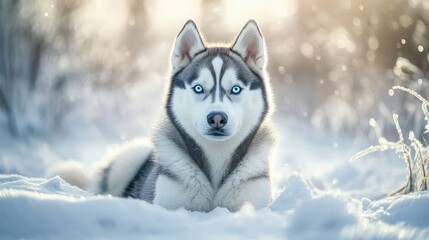 Naklejka premium dog with bright blue eyes sitting in the snow, cold winter atmosphere with soft daylight
