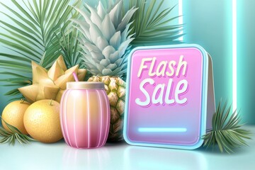 Discount sale sign and promotion concept. A vibrant summer-themed display featuring tropical fruits and a glowing "Flash Sale" sign perfect for online promotions
