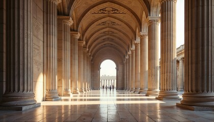 Majestic classical colonnade with arched ceiling and sunlit marble columns creating dramatic perspective, with distant silhouettes of people walking at the end of the corridor