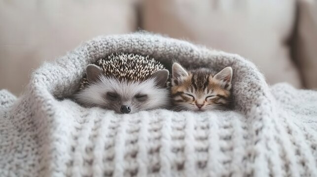 hedgehog lying on a sofa under a blanket with a kitten beside, cozy home environment with soft natural lighting - Powered by Adobe
