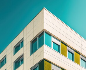 Contemporary design: building with cream and moss green exterior under minimal sky.