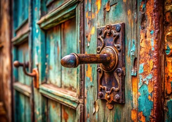 Captivating Tilt-Shift Photography of an Old Door Handle with Intricate Details and Vintage Charm, Showcasing the Beauty of Weathered Wood and Rusty Metal Elements