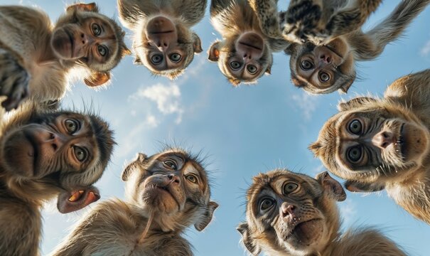 A group of curious monkeys gathered in a circular formation, looking down toward the camera against a clear blue sky, showcasing their expressive faces and inquisitive nature