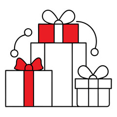 a pile of Christmas presents. There are several gift boxes of different sizes and colors