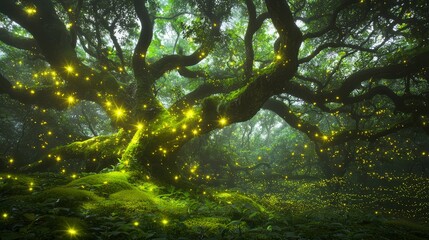 Fototapeta premium Enchanted Forest: Ancient Trees with Twisty Branches Illuminated by Fireflies at Twilight