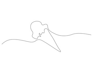 Continuous one line drawing of ice cream cone. One line drawing illustration of delicious ice cream in waffle cone. Waffle, cold and sweet food for dessert concept single line. Editable outline