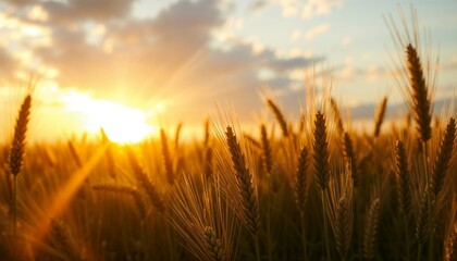 Golden wheat field at sunset, with warm sunlight casting a serene glow over the ripening crops, symbolizing abundance and the beauty of nature's harvest