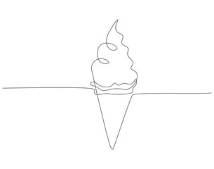 Continuous one line drawing of ice cream cone. One line drawing illustration of delicious ice cream in waffle cone. Waffle, cold and sweet food for dessert concept single line. Editable outline