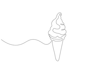 Continuous one line drawing of ice cream cone. One line drawing illustration of delicious ice cream in waffle cone. Waffle, cold and sweet food for dessert concept single line. Editable outline