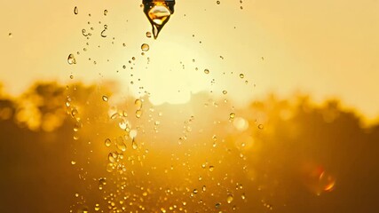 Golden hour sunlight illuminates water droplets suspended mid-air as the video slowly zooms out, highlighting the refraction of light - Powered by Adobe